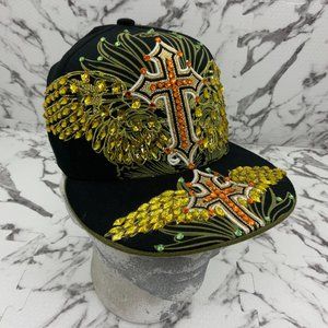 Fashion Caps Black | Gold | Orange Crosses & Wings Rhinestones Fitted Cap